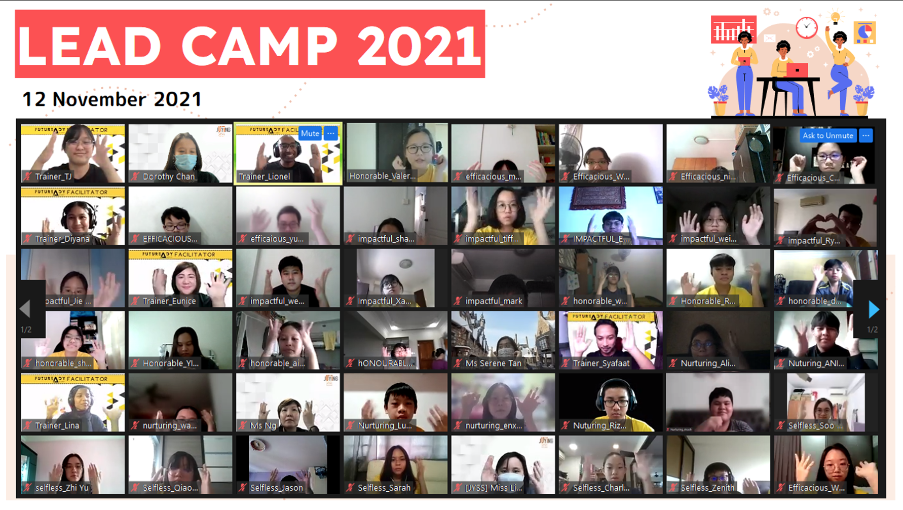 Virtual group video call screenshot for Lead Camp 2021 on 12 November 2021, showing many participants waving.